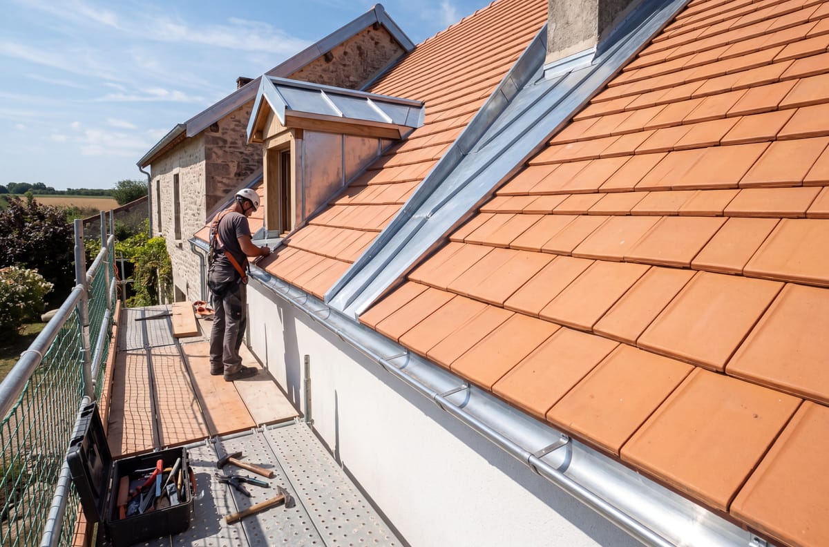 Couvreur au travail posant des tuiles terre cuite neuves avec zinguerie, chantier de couverture à Bergerac