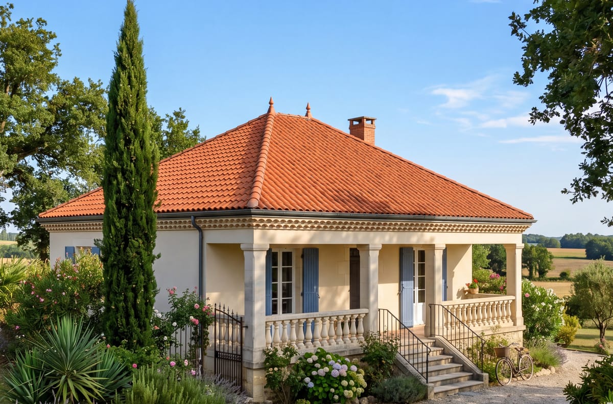 Pavillon avec toiture en tuiles canal en croupe sous ciel bleu, couverture par un couvreur à Bergerac — illustration pose de tuiles en Dordogne