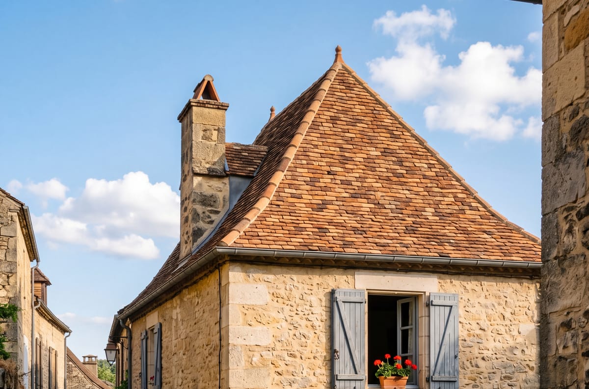 Maison d'angle en pierre avec toiture en croupe en tuiles plates et ruelle pavée, secteur de Beynac en Dordogne