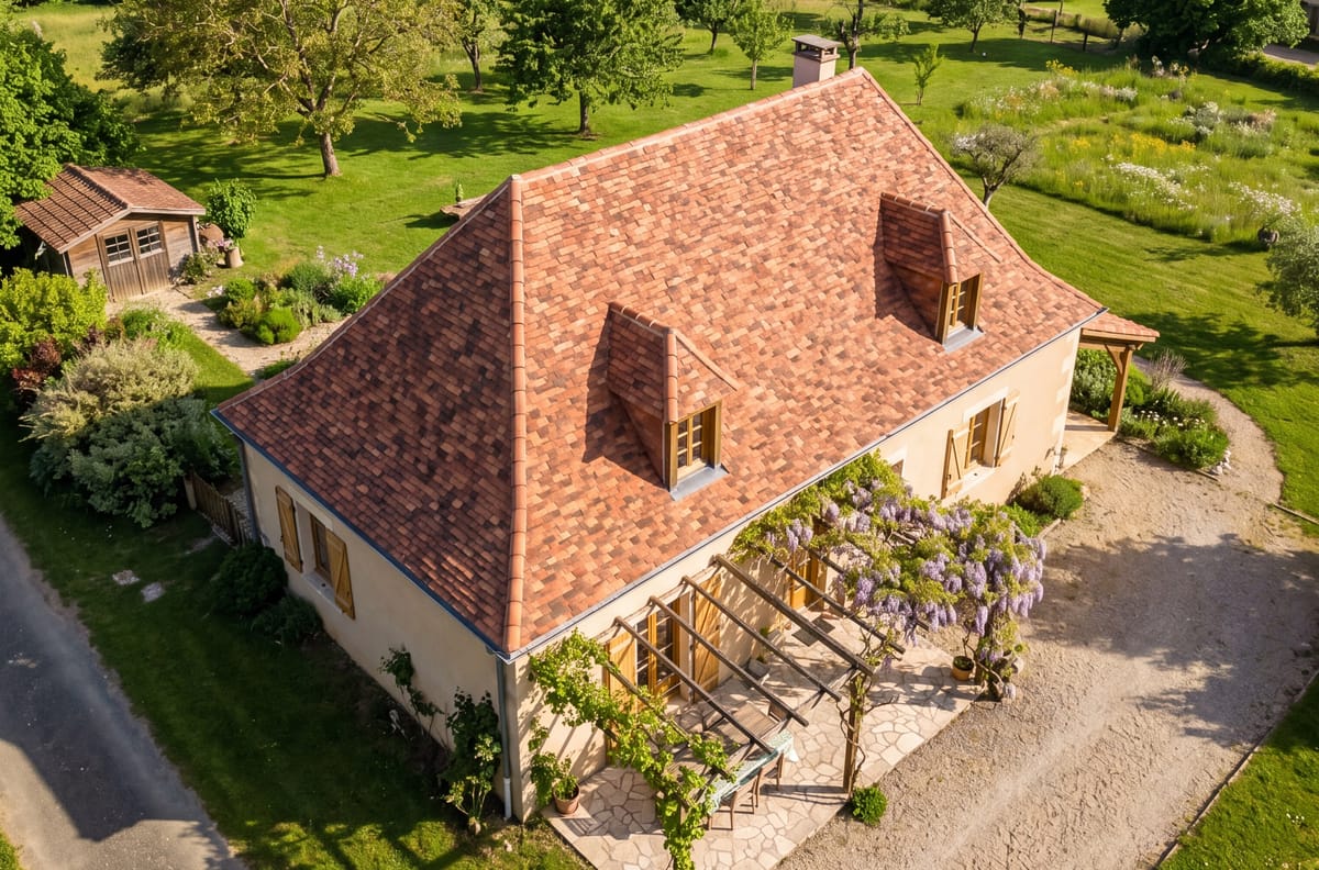 Maison en pierre avec toiture en tuiles plates dominant la vallée de la Dordogne, vue aérienne