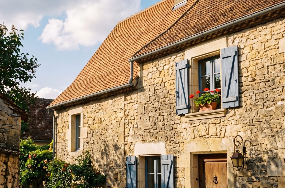 Maison ancienne en pierre dans une ruelle médiévale avec toiture en tuiles plates, restauration par un couvreur près de Sarlat — illustration réfection complète de toiture en Dordogne