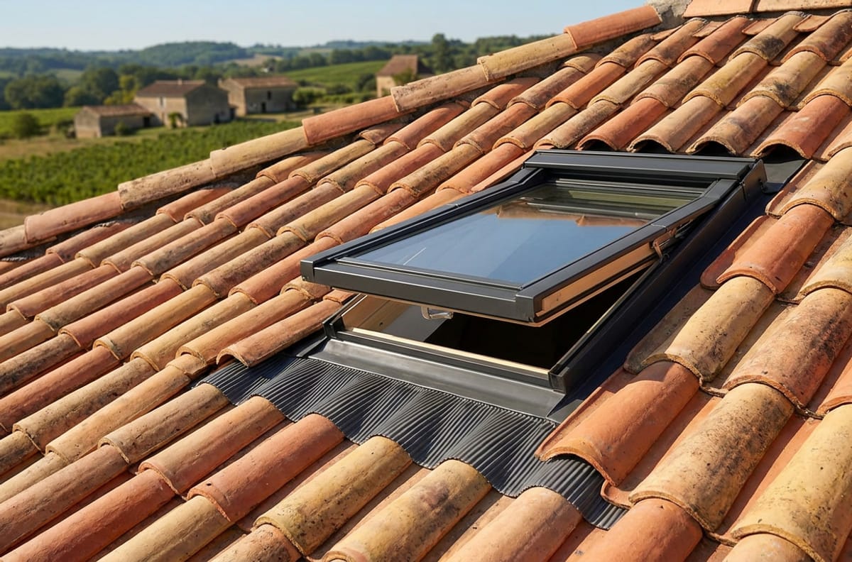 Fenêtre de toit Velux à projection en position ouverte sur toiture tuile canal, pose par un couvreur à Bergerac — illustration pose de velux en Dordogne